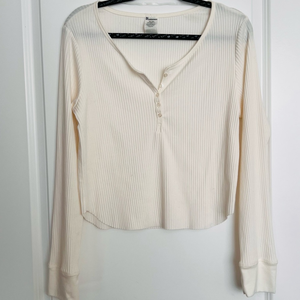 No Boundaries Cream Ribbed Long Sleeve Henley Top